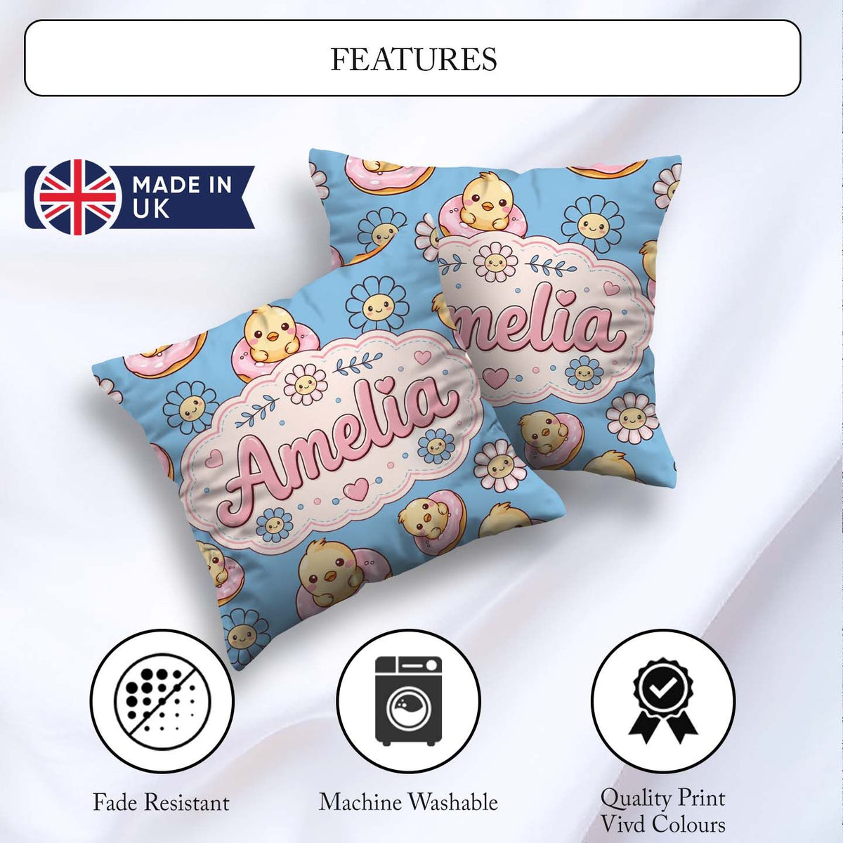 Custom Name Cute Baby Chick Donut Flowers Seamless Pattern Blue Square Filled Cushion Throw Pillow Sofa Bed Home Decor Zip Washable UK Made