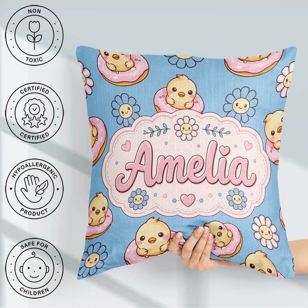 Custom Name Cute Baby Chick Donut Flowers Seamless Pattern Blue Square Filled Cushion Throw Pillow Sofa Bed Home Decor Zip Washable UK Made