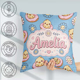 Custom Name Cute Baby Chick Donut Flowers Seamless Pattern Blue Square Filled Cushion Throw Pillow Sofa Bed Home Decor Zip Washable UK Made