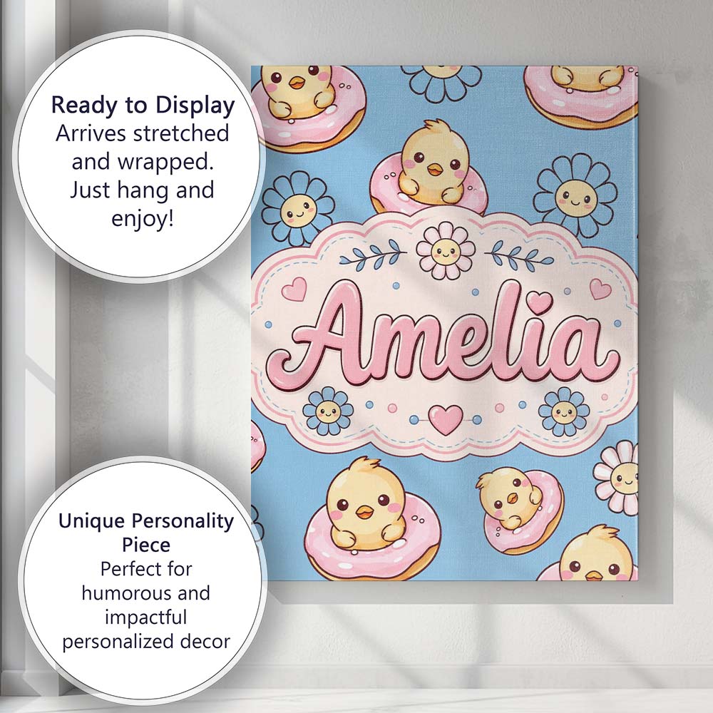 Personalised Name Cute Baby Chick Donut Custom  Modern Room Accent Elegant Feature Canvas Wall Art Print Decor Picture Ready to Hang