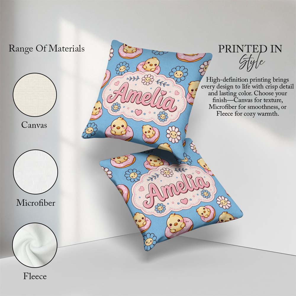 Custom Name Cute Baby Chick Donut Flowers Seamless Pattern Blue Square Filled Cushion Throw Pillow Sofa Bed Home Decor Zip Washable UK Made
