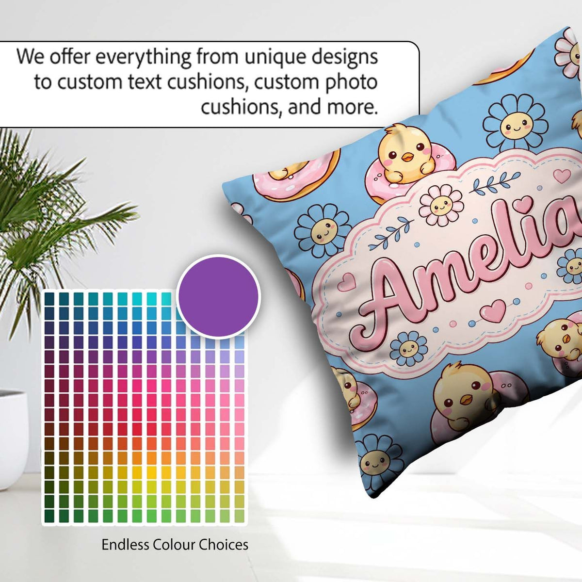 Custom Name Cute Baby Chick Donut Flowers Seamless Pattern Blue Square Filled Cushion Throw Pillow Sofa Bed Home Decor Zip Washable UK Made