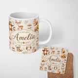 Personalized Custom Name Forest Animals Bear Deer Fox Owl Raccoon on Neutral Cream Seamless 11oz Ceramic Coffee Tea Mug White Large Handle