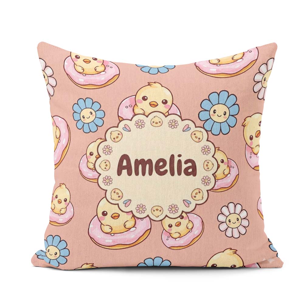 Custom Name Cute Baby Chick Donut Flowers Seamless Pattern Peach Square Filled Cushion Throw Pillow Sofa Bed Home Decor Zip Washable UK Made