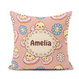 Custom Name Cute Baby Chick Donut Flowers Seamless Pattern Peach Square Filled Cushion Throw Pillow Sofa Bed Home Decor Zip Washable UK Made
