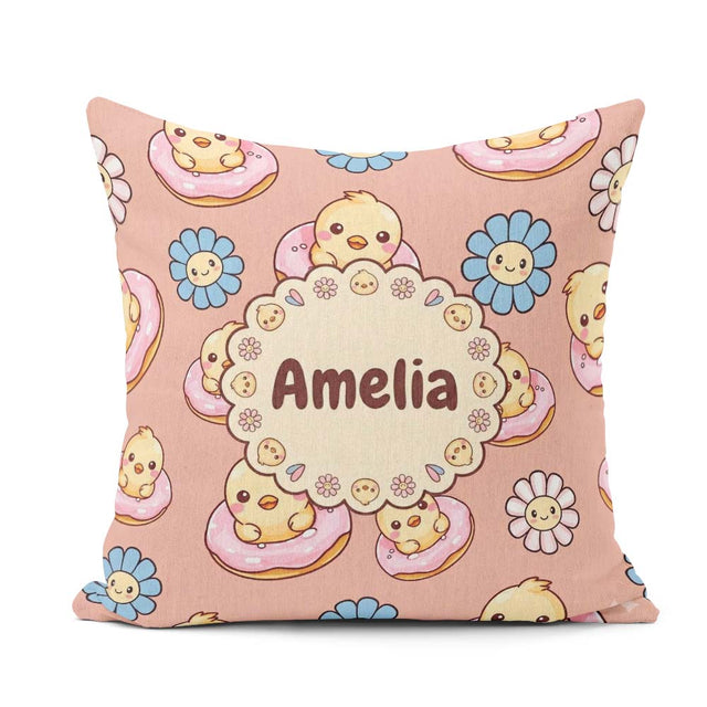 Custom Name Cute Baby Chick Donut Flowers Seamless Pattern Peach Square Filled Cushion Throw Pillow Sofa Bed Home Decor Zip Washable UK Made