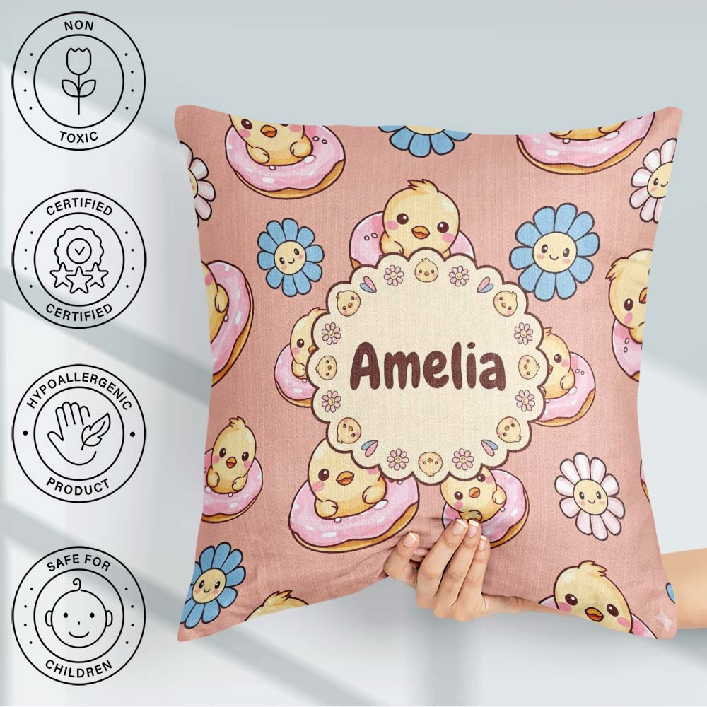 Custom Name Cute Baby Chick Donut Flowers Seamless Pattern Peach Square Filled Cushion Throw Pillow Sofa Bed Home Decor Zip Washable UK Made