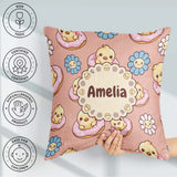 Custom Name Cute Baby Chick Donut Flowers Seamless Pattern Peach Square Filled Cushion Throw Pillow Sofa Bed Home Decor Zip Washable UK Made