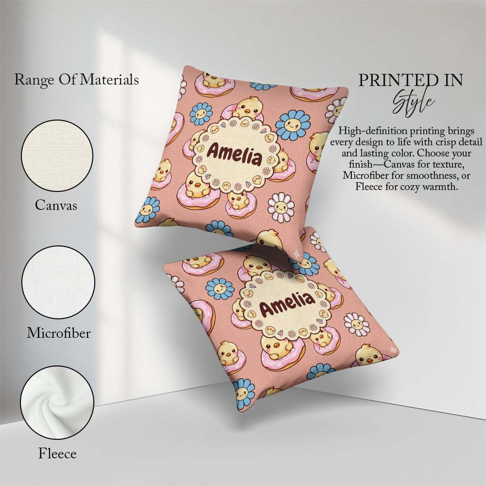 Custom Name Cute Baby Chick Donut Flowers Seamless Pattern Peach Square Filled Cushion Throw Pillow Sofa Bed Home Decor Zip Washable UK Made