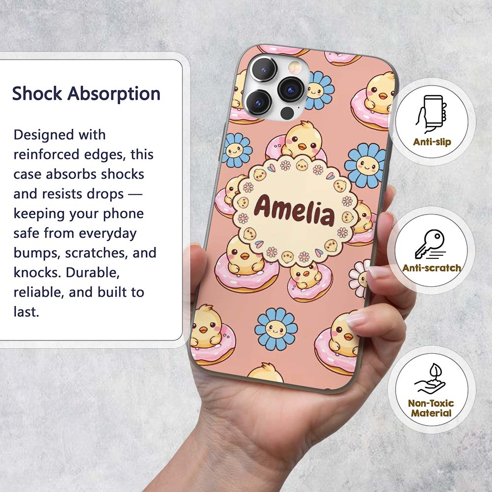 Cute Baby Chick Donut Flowers Seamless Pattern Custom Name Protective Phone Case Mobile Cover Durable Everyday Smartphone Shock Resistant
