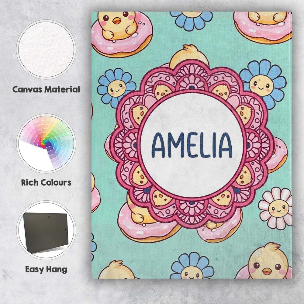 Personalised Name Cute Baby Chick Donut Custom  Modern Room Accent Elegant Feature Canvas Wall Art Print Decor Picture Ready to Hang