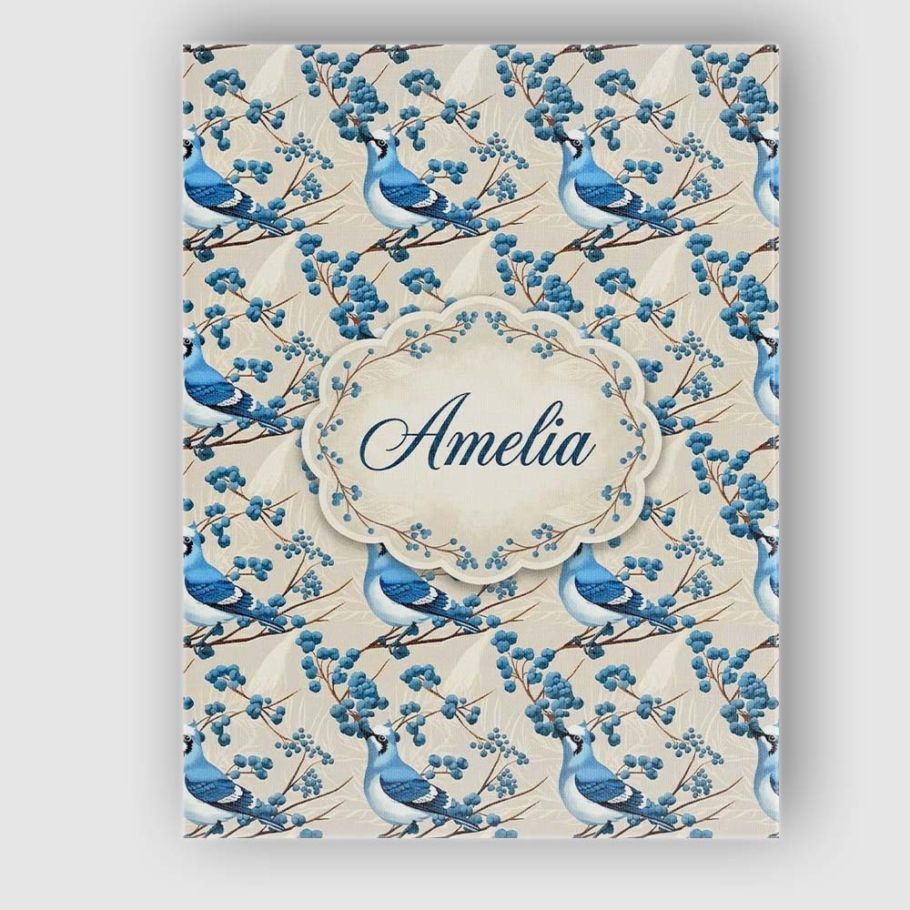 Personalised Name Blue Jay Bird on Branch with Berries Neutral Custom Modern Room Accent Canvas Wall Art Print Decor Picture Ready to Hang