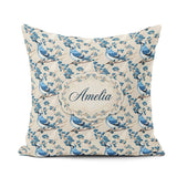 Custom Name Blue Jay Bird Branch with Berries Botanical Seamless Square Filled Cushion Throw Pillow Sofa Bed Home Decor Zip Washable UK Made