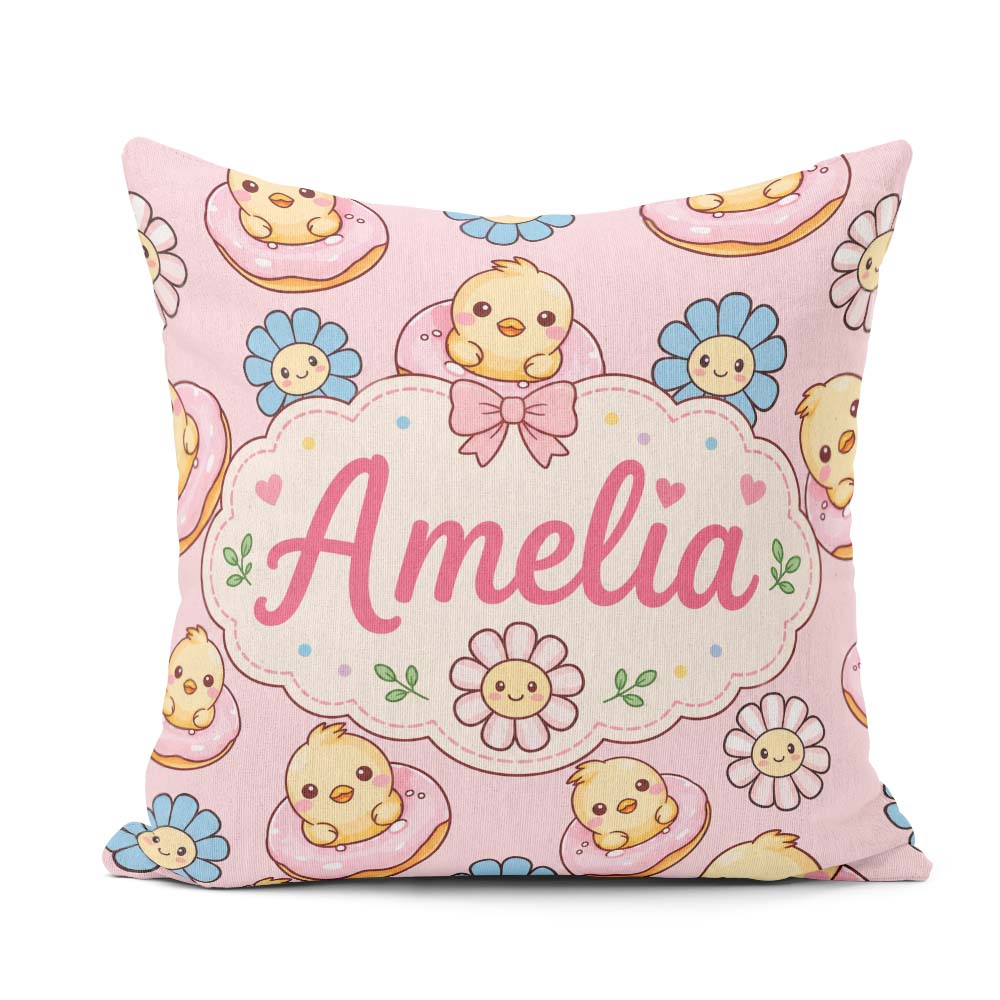 Custom Name Baby Chick Donut Flowers Seamless Pattern Light Pink Square Filled Cushion Throw Pillow Sofa Bed Home Decor Zip Washable UK Made