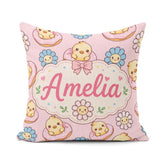 Custom Name Baby Chick Donut Flowers Seamless Pattern Light Pink Square Filled Cushion Throw Pillow Sofa Bed Home Decor Zip Washable UK Made