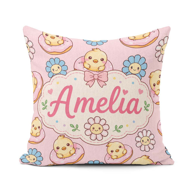 Custom Name Baby Chick Donut Flowers Seamless Pattern Light Pink Square Filled Cushion Throw Pillow Sofa Bed Home Decor Zip Washable UK Made