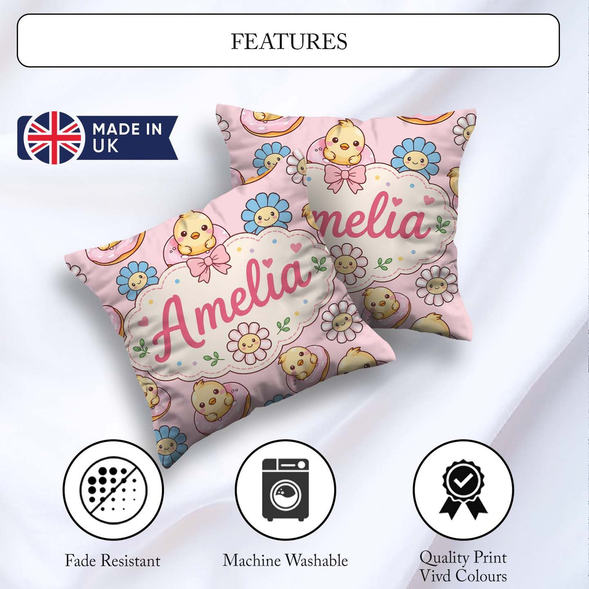 Custom Name Baby Chick Donut Flowers Seamless Pattern Light Pink Square Filled Cushion Throw Pillow Sofa Bed Home Decor Zip Washable UK Made