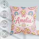 Custom Name Baby Chick Donut Flowers Seamless Pattern Light Pink Square Filled Cushion Throw Pillow Sofa Bed Home Decor Zip Washable UK Made