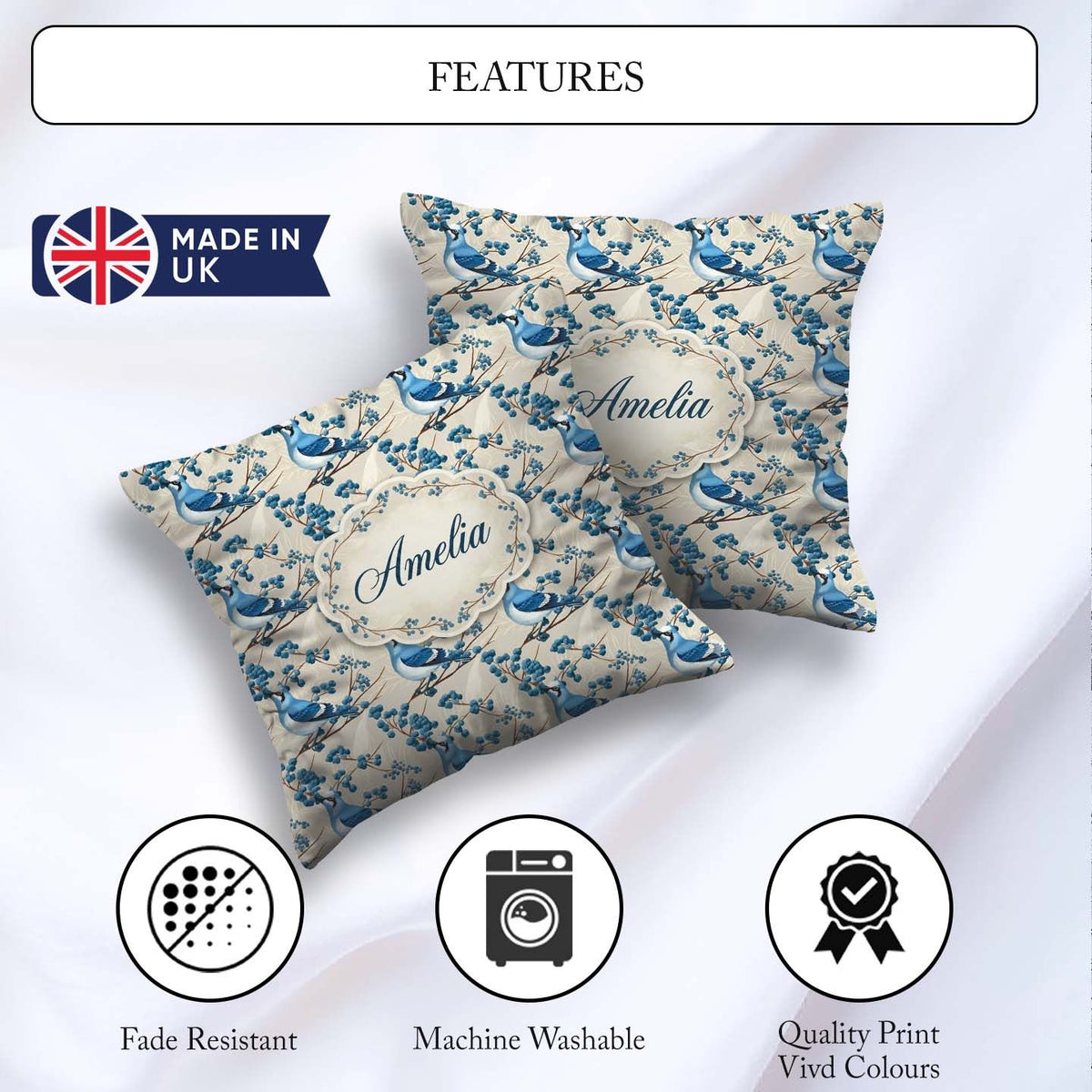 Custom Name Blue Jay Bird Branch with Berries Botanical Seamless Square Filled Cushion Throw Pillow Sofa Bed Home Decor Zip Washable UK Made