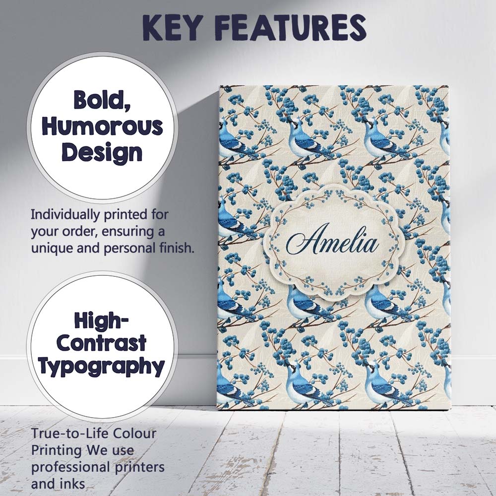 Personalised Name Blue Jay Bird on Branch with Berries Neutral Custom Modern Room Accent Canvas Wall Art Print Decor Picture Ready to Hang
