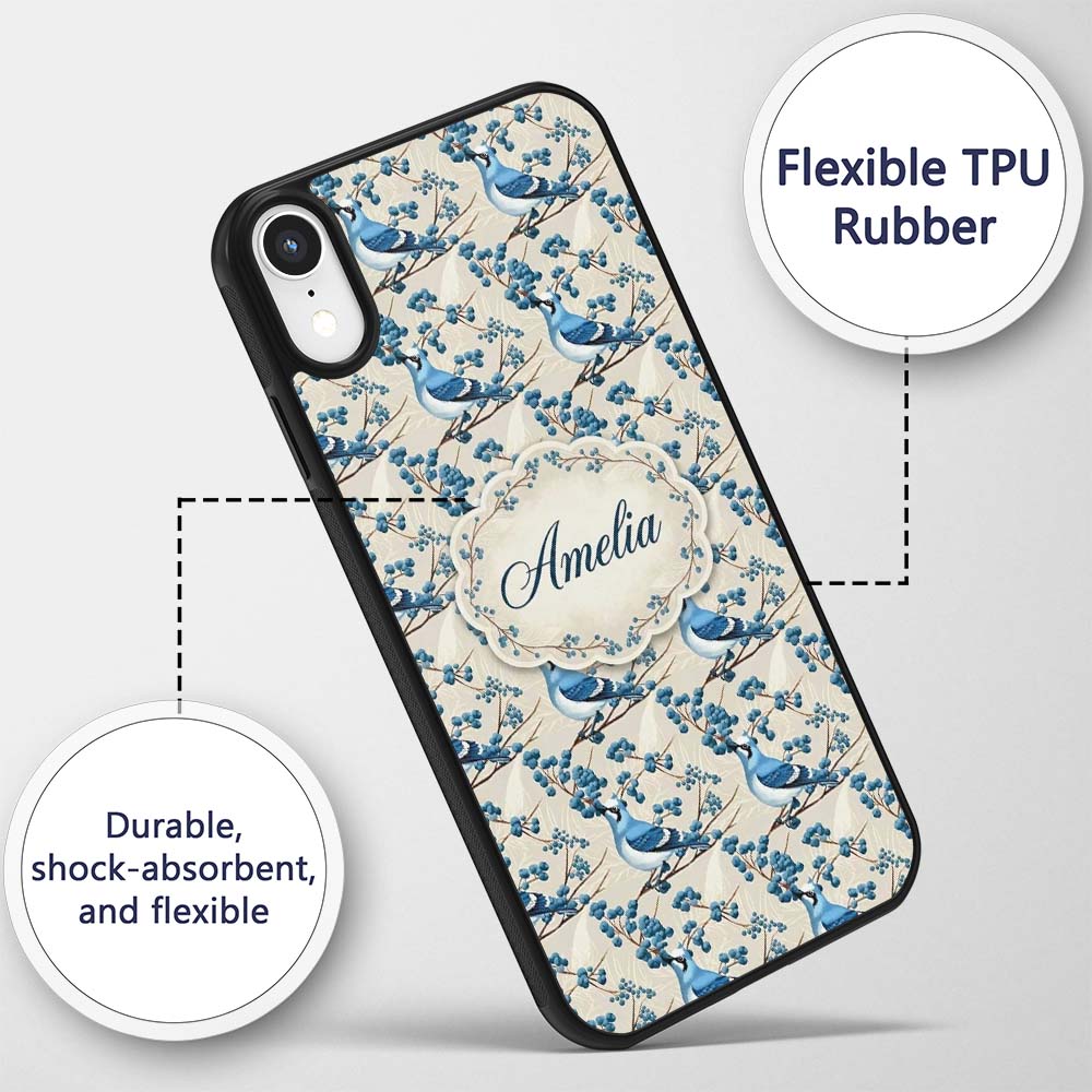 Blue Jay Bird on Branch with Berries Neutral Custom Name Protective Phone Case Mobile Cover Durable Everyday Smartphone Shock Resistant
