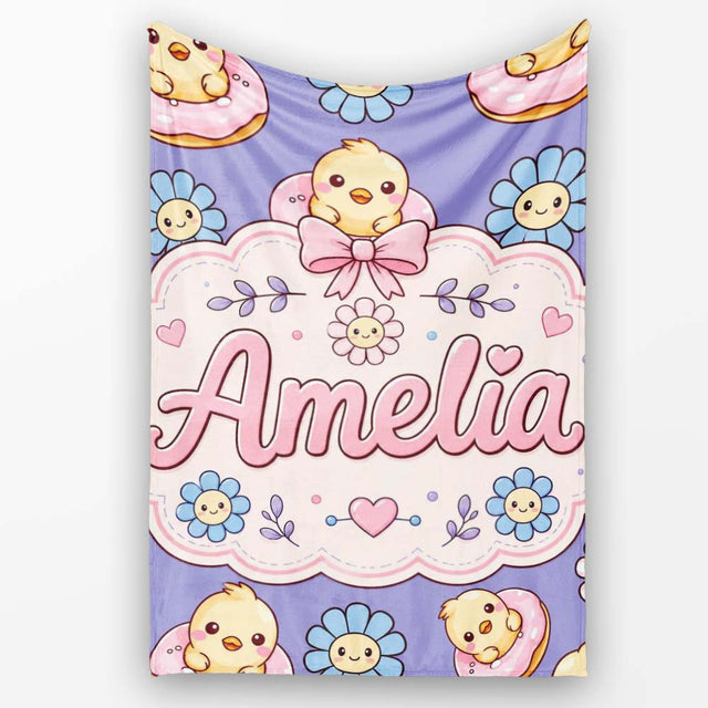 Cute Baby Chick Donut Flowers Seamless Pattern Purple Background  Personalised Custom Name Super Soft Fleece Blanket Bed Sofa Throw