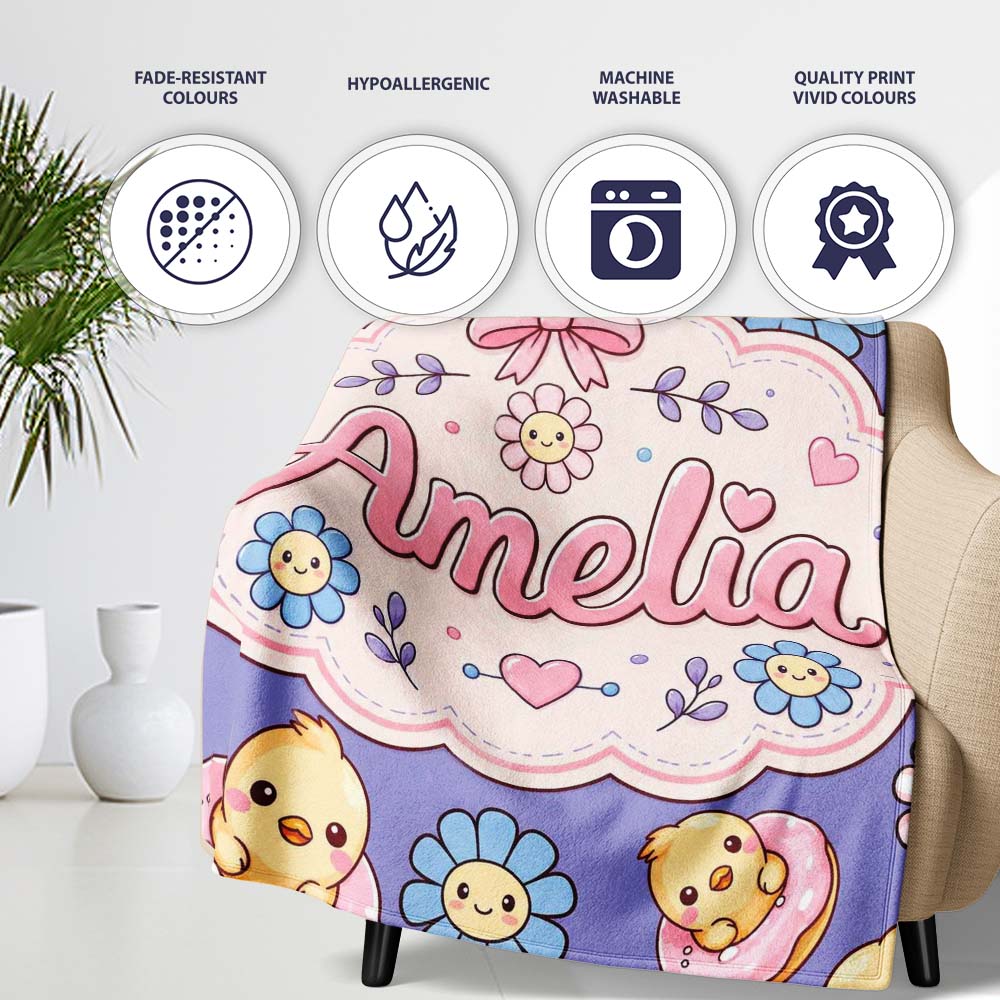Cute Baby Chick Donut Flowers Seamless Pattern Purple Background  Personalised Custom Name Super Soft Fleece Blanket Bed Sofa Throw