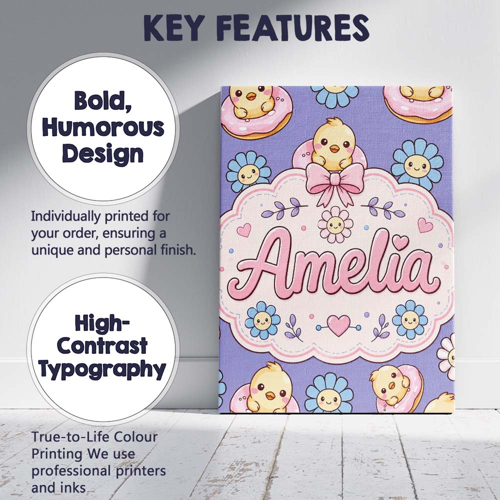 Personalised Name Cute Baby Chick Donut Custom  Modern Room Accent Elegant Feature Canvas Wall Art Print Decor Picture Ready to Hang
