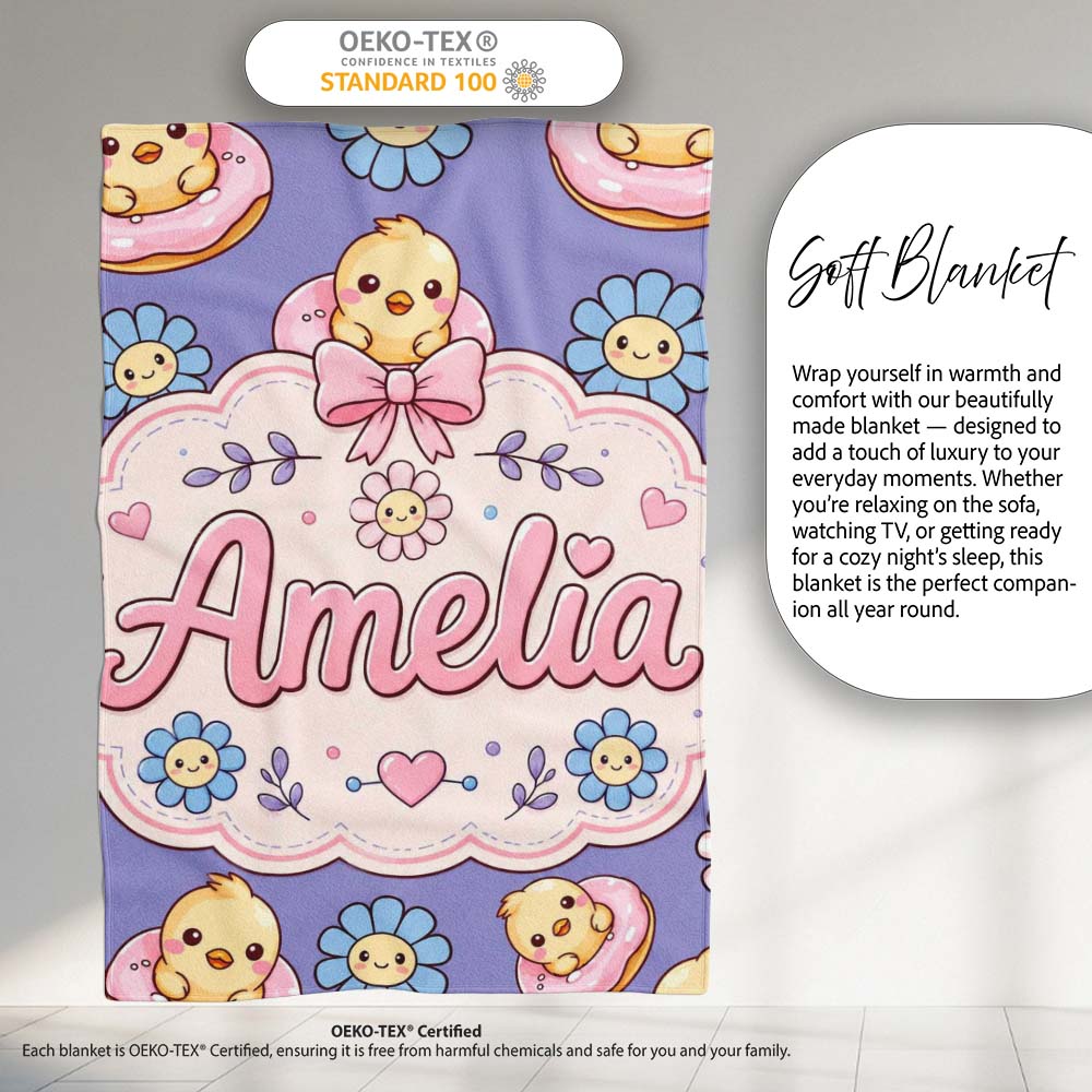 Cute Baby Chick Donut Flowers Seamless Pattern Purple Background  Personalised Custom Name Super Soft Fleece Blanket Bed Sofa Throw