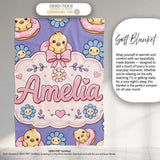 Cute Baby Chick Donut Flowers Seamless Pattern Purple Background  Personalised Custom Name Super Soft Fleece Blanket Bed Sofa Throw