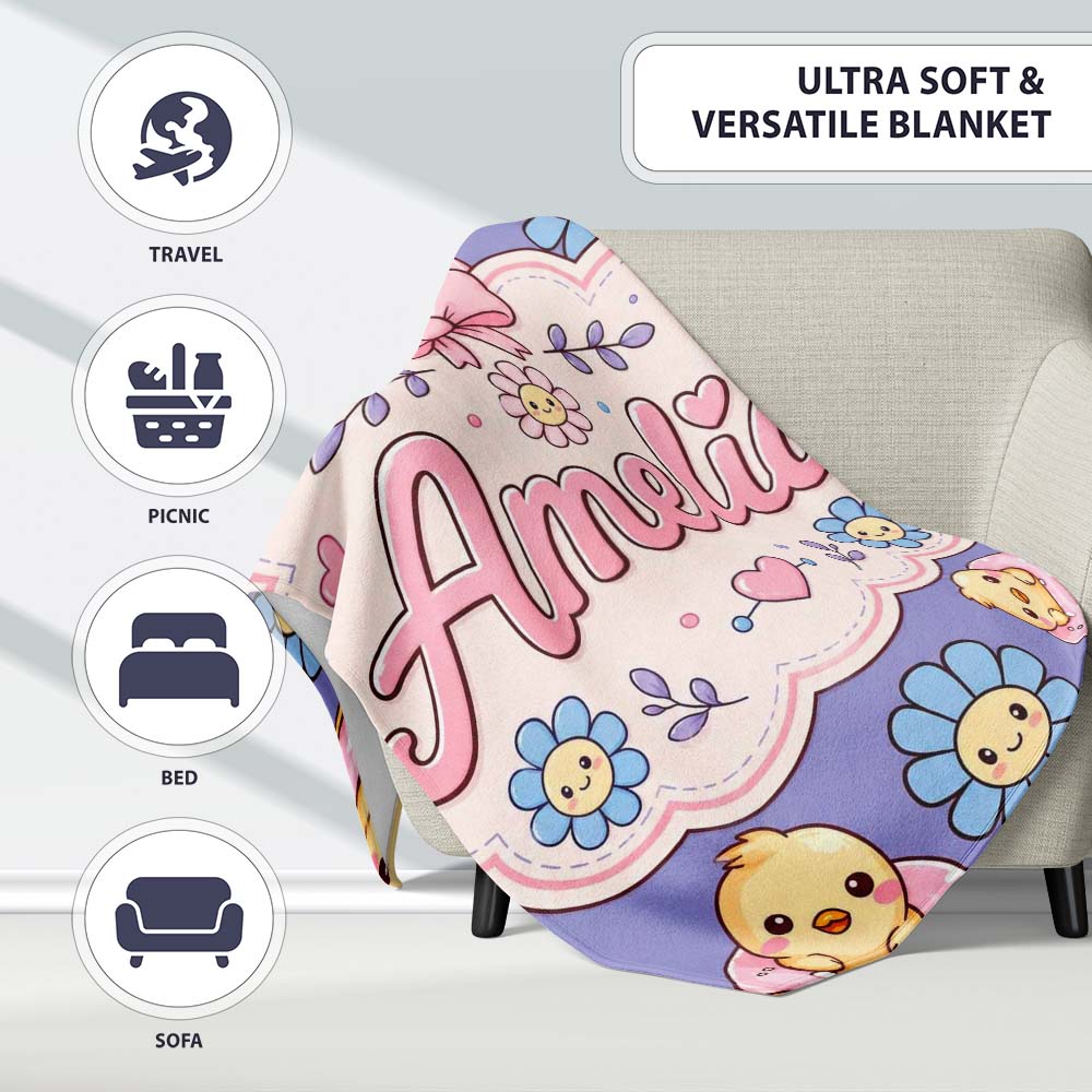 Cute Baby Chick Donut Flowers Seamless Pattern Purple Background  Personalised Custom Name Super Soft Fleece Blanket Bed Sofa Throw