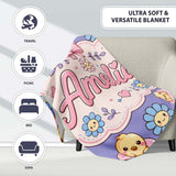 Cute Baby Chick Donut Flowers Seamless Pattern Purple Background  Personalised Custom Name Super Soft Fleece Blanket Bed Sofa Throw