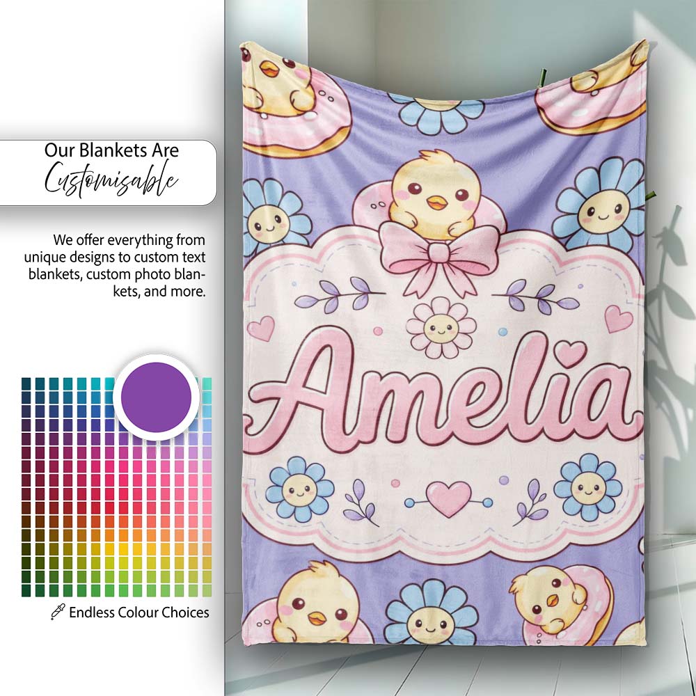 Cute Baby Chick Donut Flowers Seamless Pattern Purple Background  Personalised Custom Name Super Soft Fleece Blanket Bed Sofa Throw