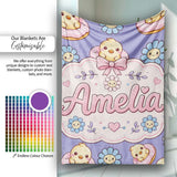Cute Baby Chick Donut Flowers Seamless Pattern Purple Background  Personalised Custom Name Super Soft Fleece Blanket Bed Sofa Throw