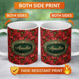 Personalized Custom Name Rich Red Poinsettia Dense Floral Festive Christmas Botanical Design 11oz Ceramic Coffee Tea Mug White Large Handle