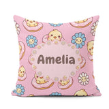 Custom Name Baby Chick Donut Flowers Seamless Pattern Soft Pink Square Filled Cushion Throw Pillow Sofa Bed Home Decor Zip Washable UK Made