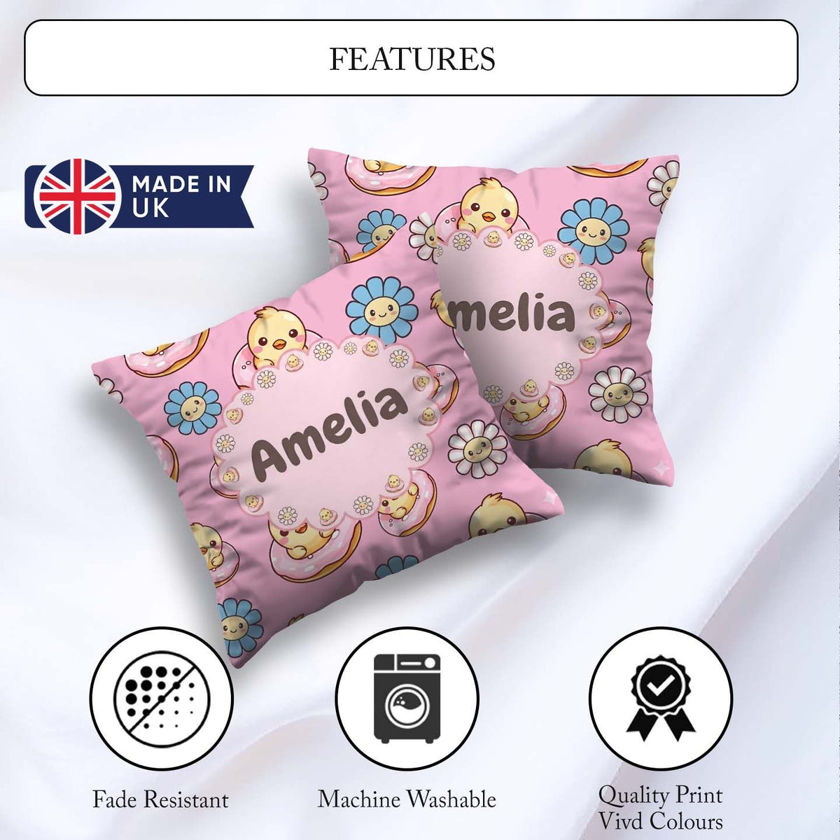 Custom Name Baby Chick Donut Flowers Seamless Pattern Soft Pink Square Filled Cushion Throw Pillow Sofa Bed Home Decor Zip Washable UK Made