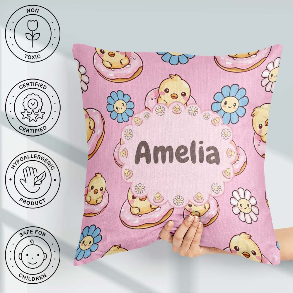 Custom Name Baby Chick Donut Flowers Seamless Pattern Soft Pink Square Filled Cushion Throw Pillow Sofa Bed Home Decor Zip Washable UK Made