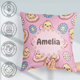 Custom Name Baby Chick Donut Flowers Seamless Pattern Soft Pink Square Filled Cushion Throw Pillow Sofa Bed Home Decor Zip Washable UK Made