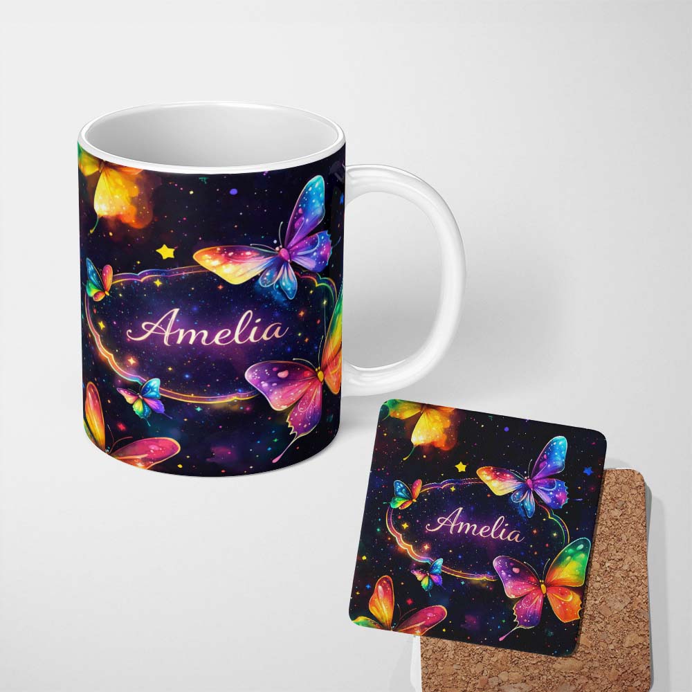Personalized Custom Name Vintage Butterfly Mushroom Botanical Nature Seamless Pattern Lovely 11oz Ceramic Coffee Tea Mug White Large Handle