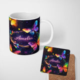 Personalized Custom Name Vintage Butterfly Mushroom Botanical Nature Seamless Pattern Lovely 11oz Ceramic Coffee Tea Mug White Large Handle