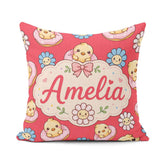 Custom Name Baby Chick Donut Flowers Seamless Pattern Bright Red Square Filled Cushion Throw Pillow Sofa Bed Home Decor Zip Washable UK Made
