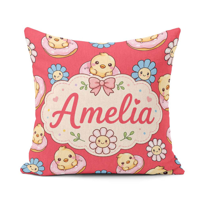 Custom Name Baby Chick Donut Flowers Seamless Pattern Bright Red Square Filled Cushion Throw Pillow Sofa Bed Home Decor Zip Washable UK Made
