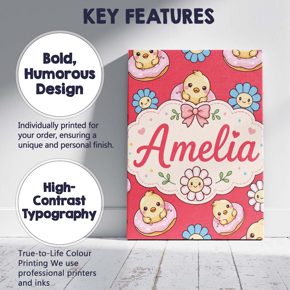 Personalised Name Cute Baby Chick Donut Custom  Modern Room Accent Elegant Feature Canvas Wall Art Print Decor Picture Ready to Hang