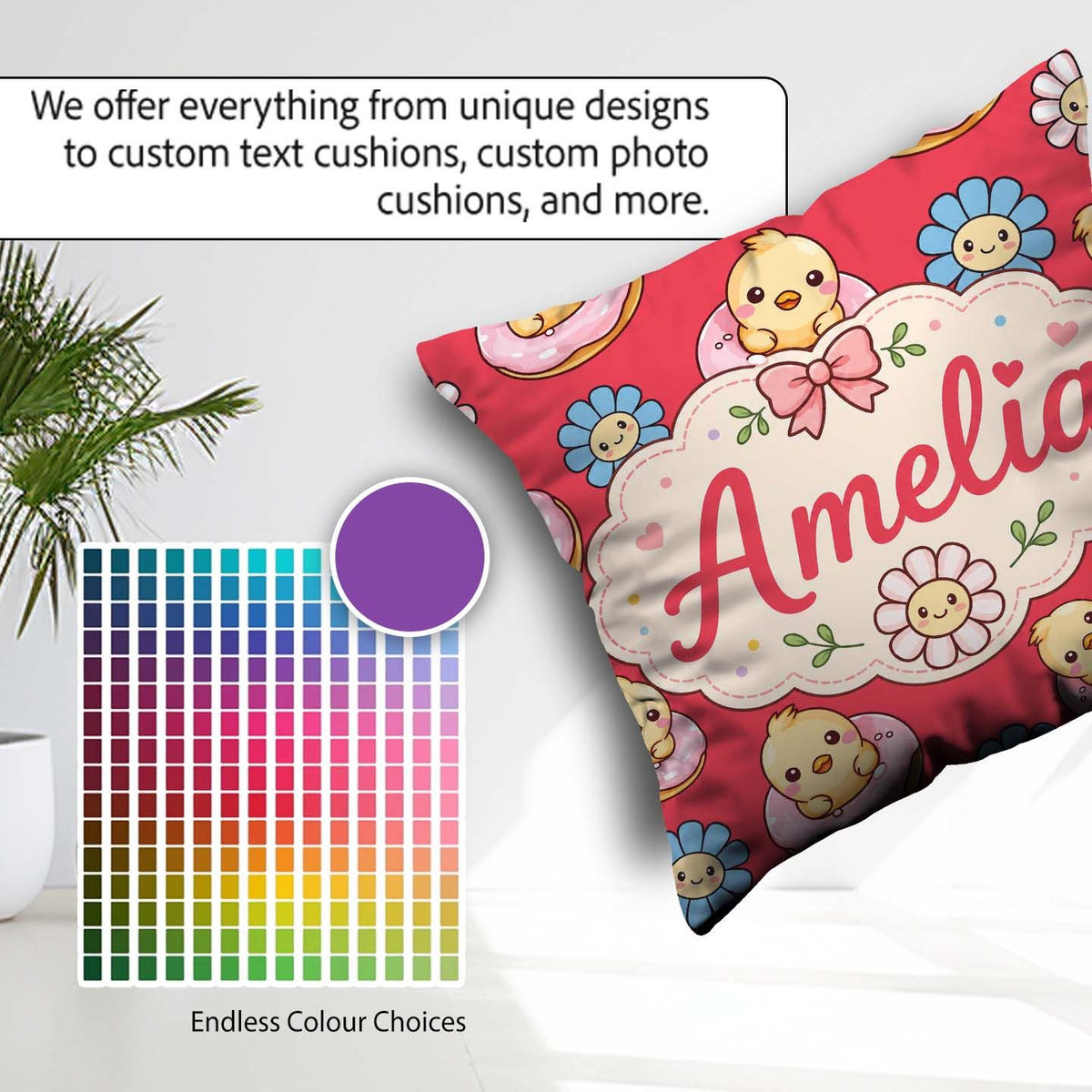 Custom Name Baby Chick Donut Flowers Seamless Pattern Bright Red Square Filled Cushion Throw Pillow Sofa Bed Home Decor Zip Washable UK Made