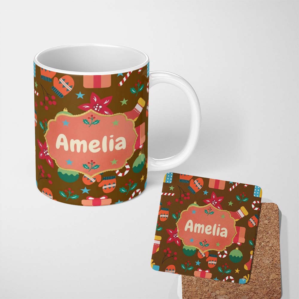 Personalized Custom Name Christmas Mittens Baubles Candy Cane Floral Holiday Seamless Pattern 11oz Ceramic Coffee Tea Mug White Large Handle