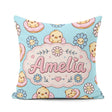 Custom Name Baby Chick Donut Flowers Seamless Pattern Aqua Blue Square Filled Cushion Throw Pillow Sofa Bed Home Decor Zip Washable UK Made
