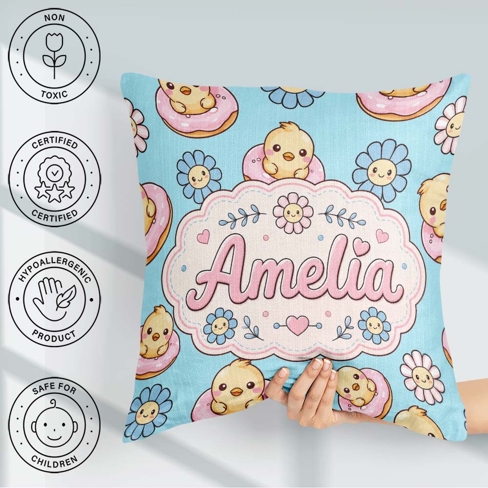 Custom Name Baby Chick Donut Flowers Seamless Pattern Aqua Blue Square Filled Cushion Throw Pillow Sofa Bed Home Decor Zip Washable UK Made