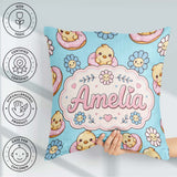 Custom Name Baby Chick Donut Flowers Seamless Pattern Aqua Blue Square Filled Cushion Throw Pillow Sofa Bed Home Decor Zip Washable UK Made