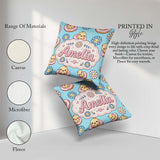 Custom Name Baby Chick Donut Flowers Seamless Pattern Aqua Blue Square Filled Cushion Throw Pillow Sofa Bed Home Decor Zip Washable UK Made